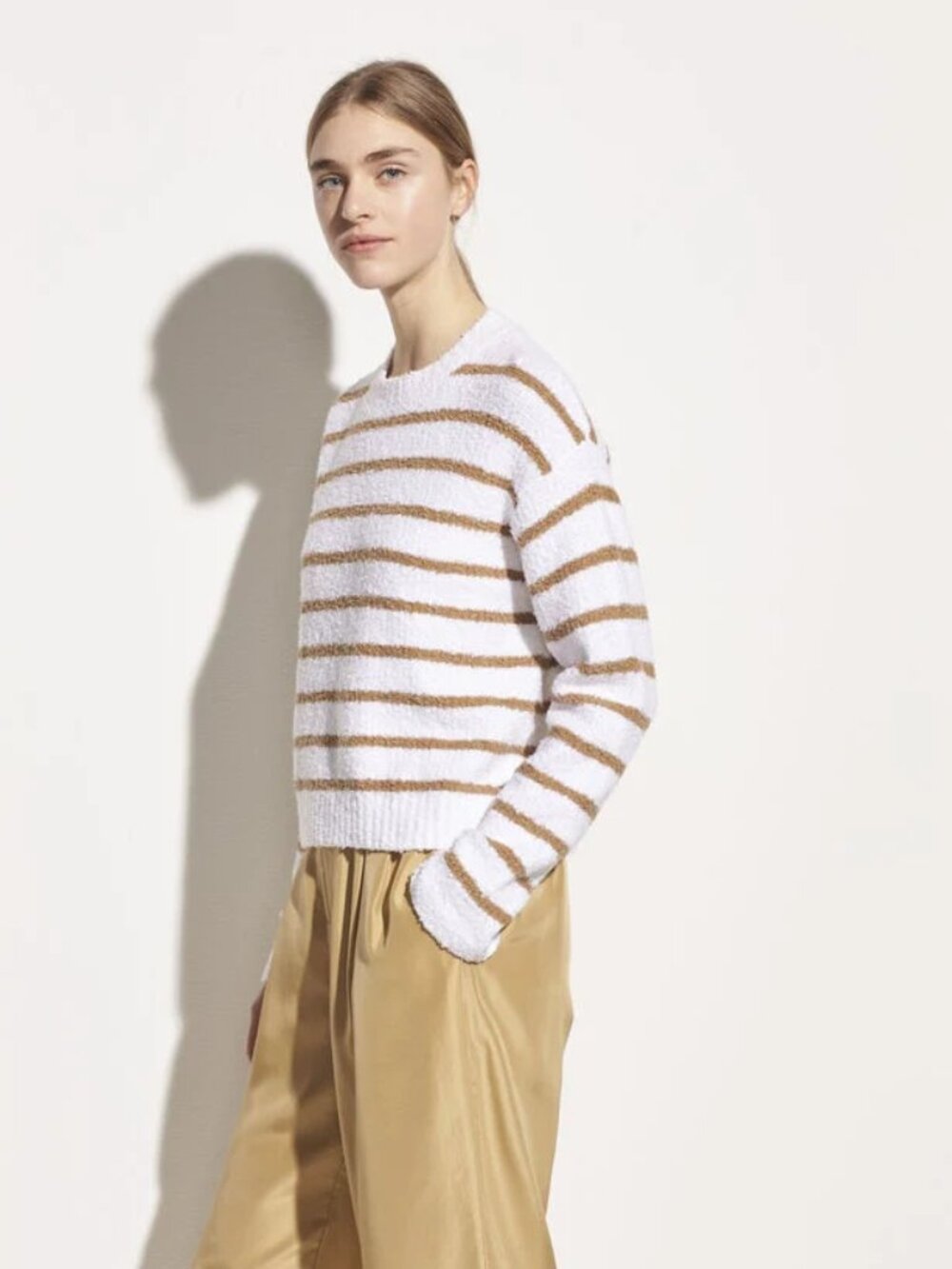 Vince Striped Waffle Stitch Crew in Optic White & Dune S
